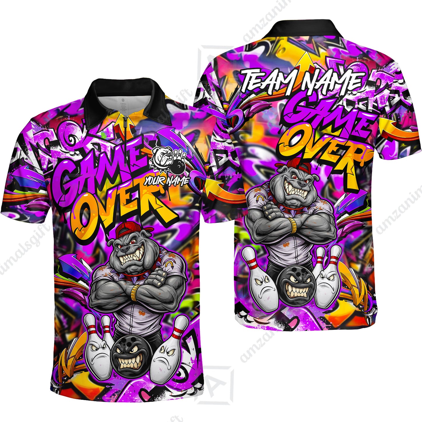 Customized Bowling Unisex Polo Shirt, Cool BullDog With Angry Bowling Game Over - Personalized Name And Team Name