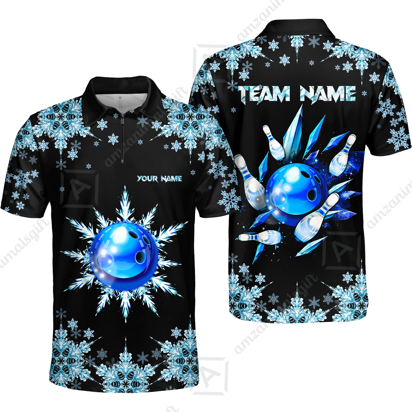 Snowflake Ice Custom Bowling Team Jerseys Polo Shirts, Christmas Ice Bowling uniforms - Bowling Polo Personalized Name And Team Name