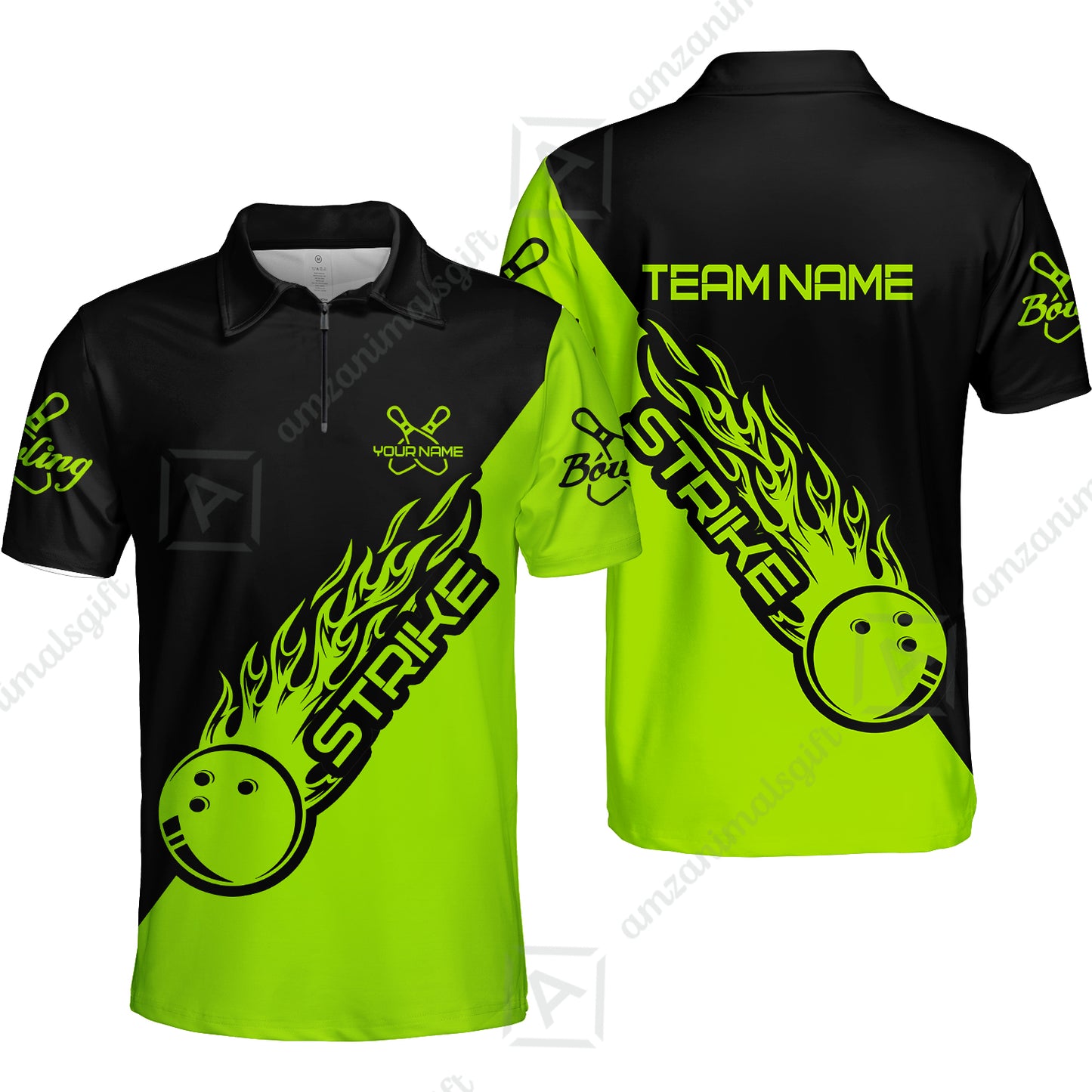 Bowling Customized Jersey Black Green Shirt Strike Ball Bowling Tenpin Quarter Zip Shirt For Bowlers, Bowling Team