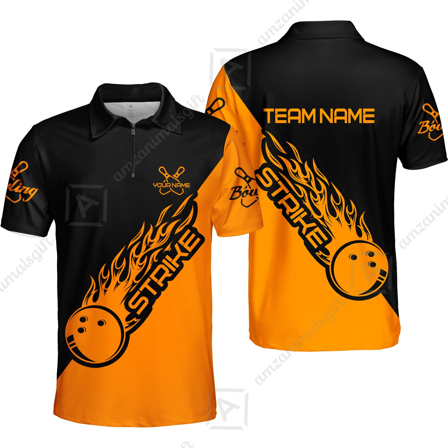 Bowling Customized Jersey Black Orange Shirt Strike Ball Bowling Tenpin Quarter Zip Shirt For Bowlers, Bowling Team