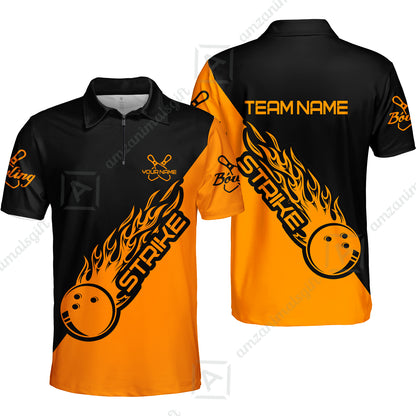 Bowling Customized Jersey Black Orange Shirt Strike Ball Bowling Tenpin Quarter Zip Shirt For Bowlers, Bowling Team