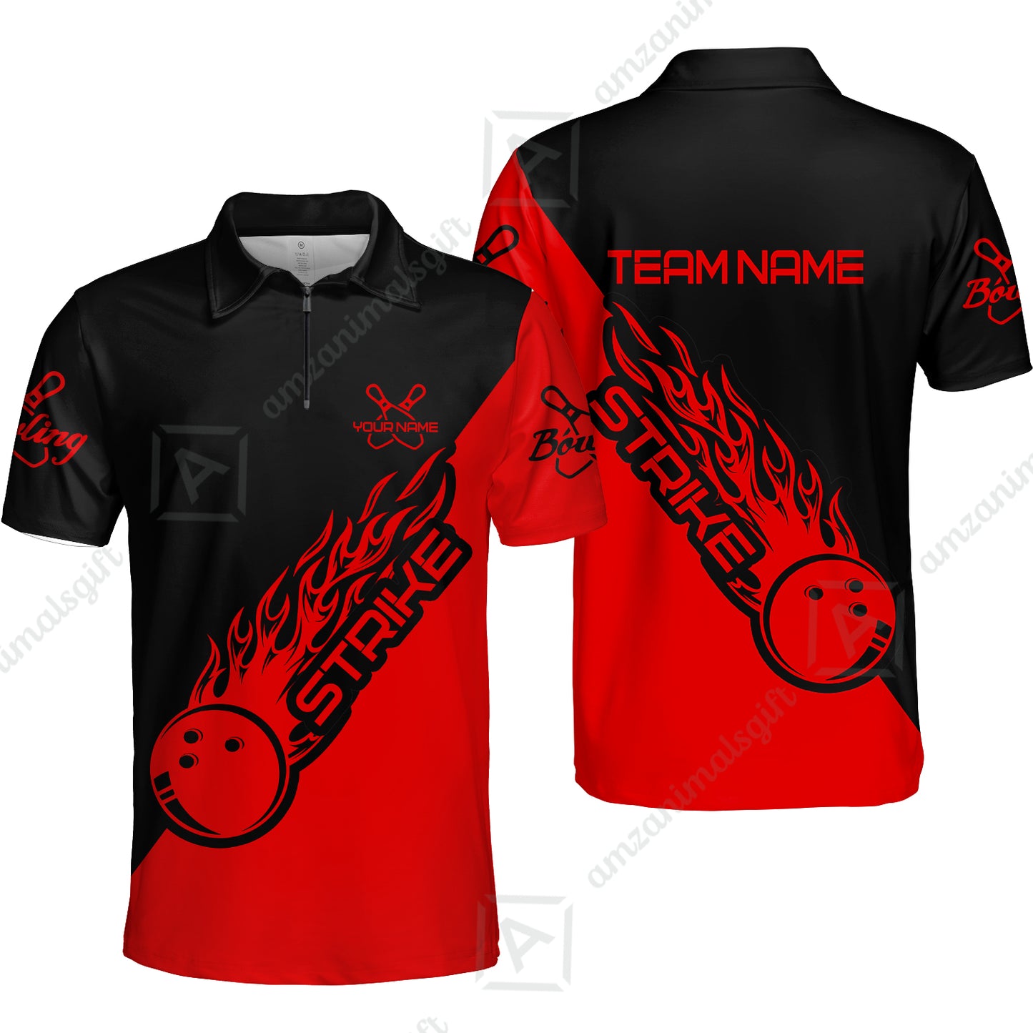 Bowling Customized Jersey Black Red Shirt Strike Ball Bowling Tenpin Quarter Zip Shirt For Bowlers, Bowling Team