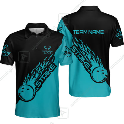 Bowling Customized Jersey Black Turquoise Shirt Strike Ball Bowling Tenpin Quarter Zip Shirt For Bowlers, Bowling Team