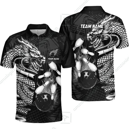 Custom Bowling Team Jerseys Polo Shirts, Bowling uniforms Bowling & Pins Dragon Flame Fire Multicolor Options Personalized Name And Team Name