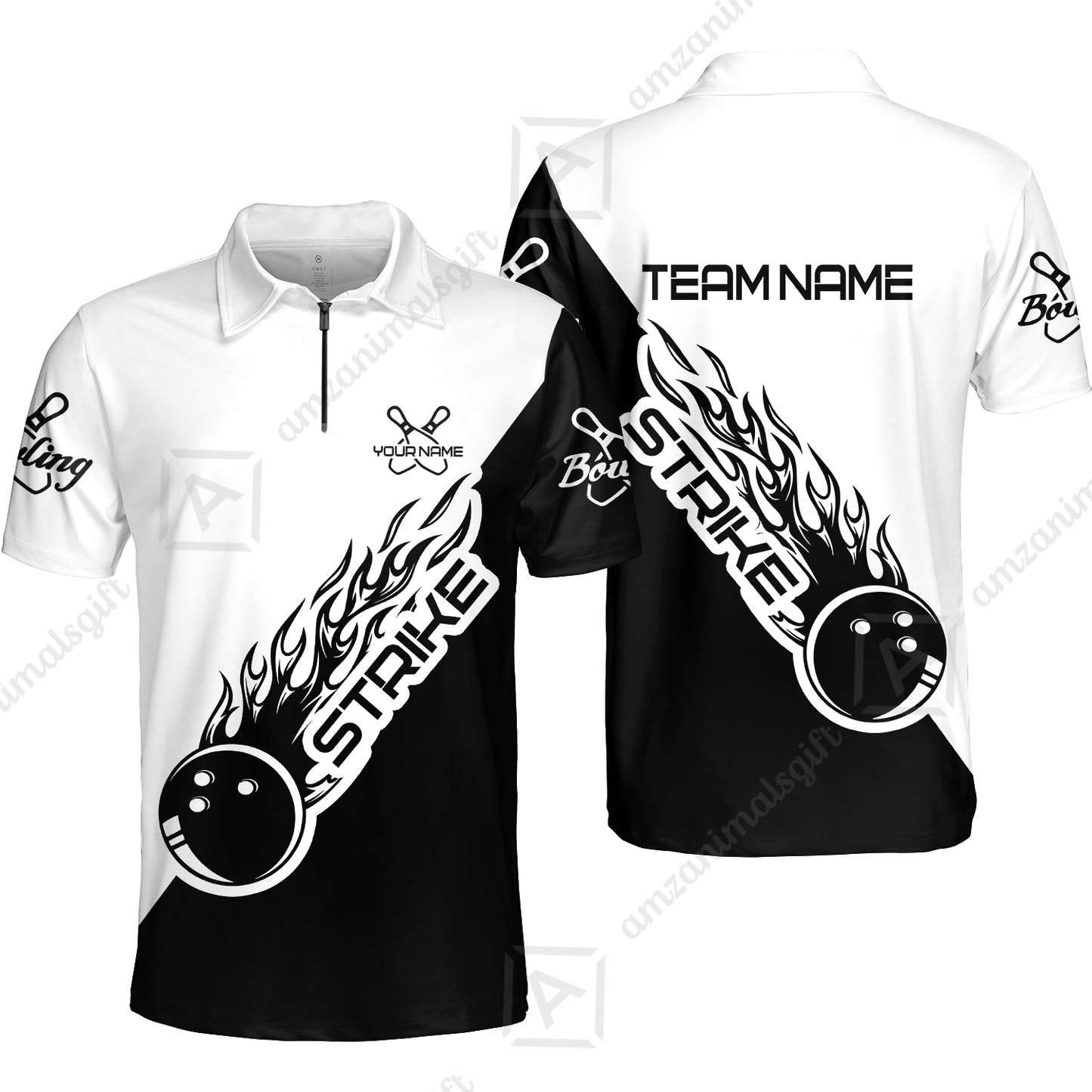 Bowling Customized Jersey Black White Shirt Strike Ball Bowling Tenpin Quarter Zip Shirt For Bowlers, Bowling Team