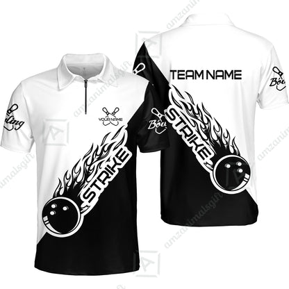 Bowling Customized Jersey Black White Shirt Strike Ball Bowling Tenpin Quarter Zip Shirt For Bowlers, Bowling Team