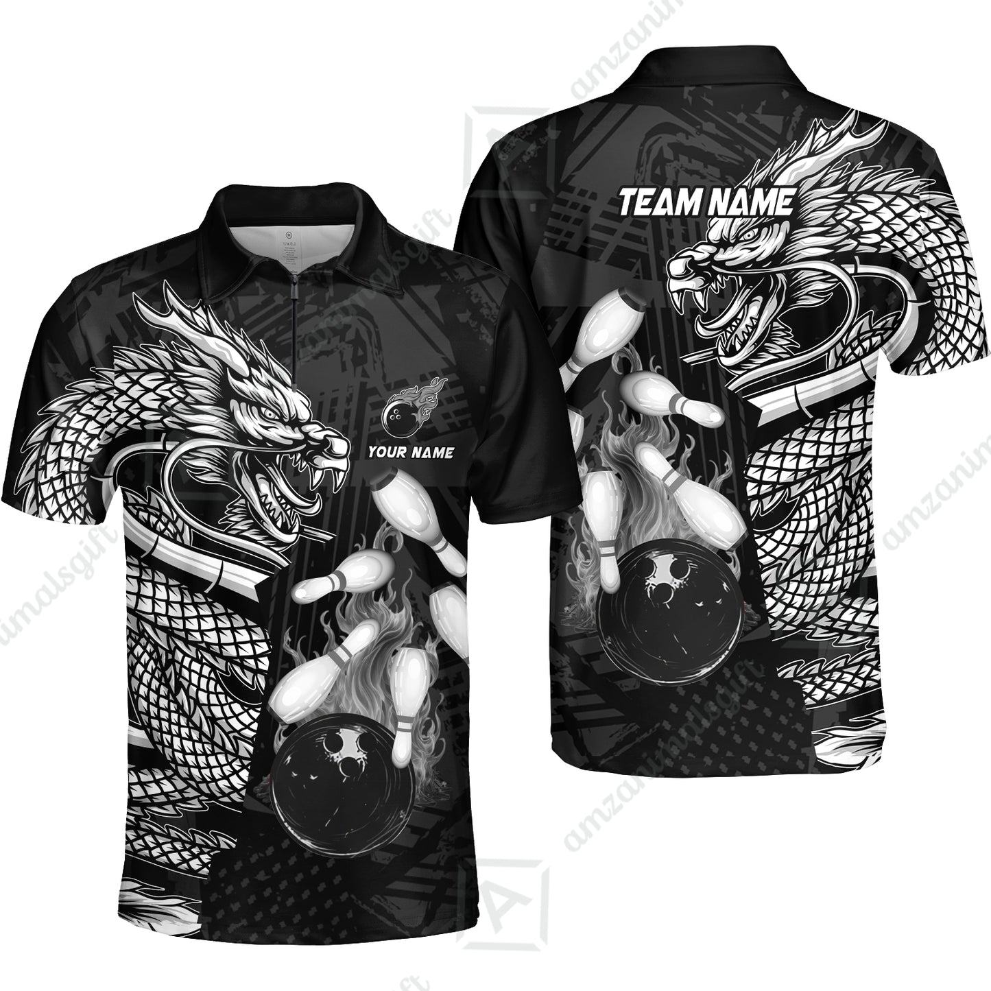 Custom Bowling Team Jerseys Polo Shirts, Bowling uniforms Bowling & Pins Dragon Flame Fire Multicolor Options Personalized Name And Team Name