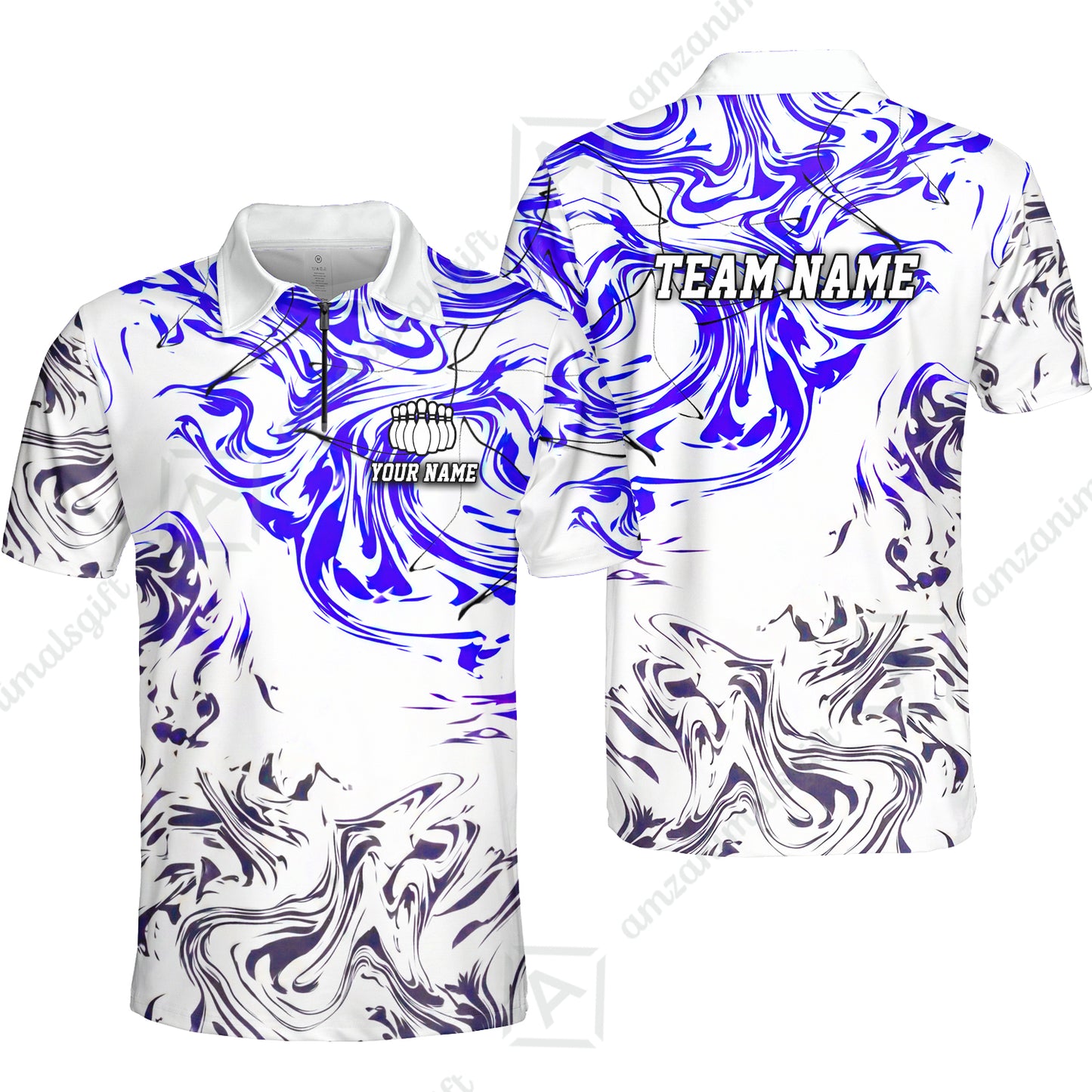 Customized Bowling Unisex Polo Shirt, Velocity Wave Marble Swirl Pattern Bowling, Personalized Name Team Name For Bowlers