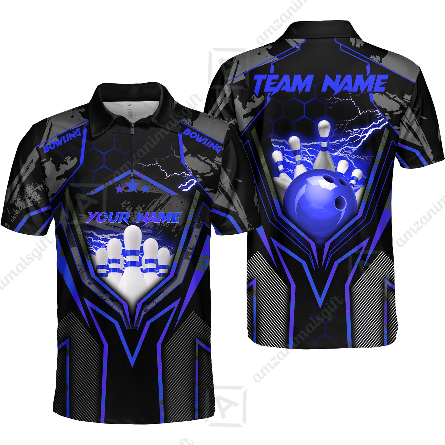 Customized Bowling Jersey, Bowling And Pins Abstract Grunge Texture X Multicolor Option Customized Name And Team Name Zipper Polo Jerseys Shirts