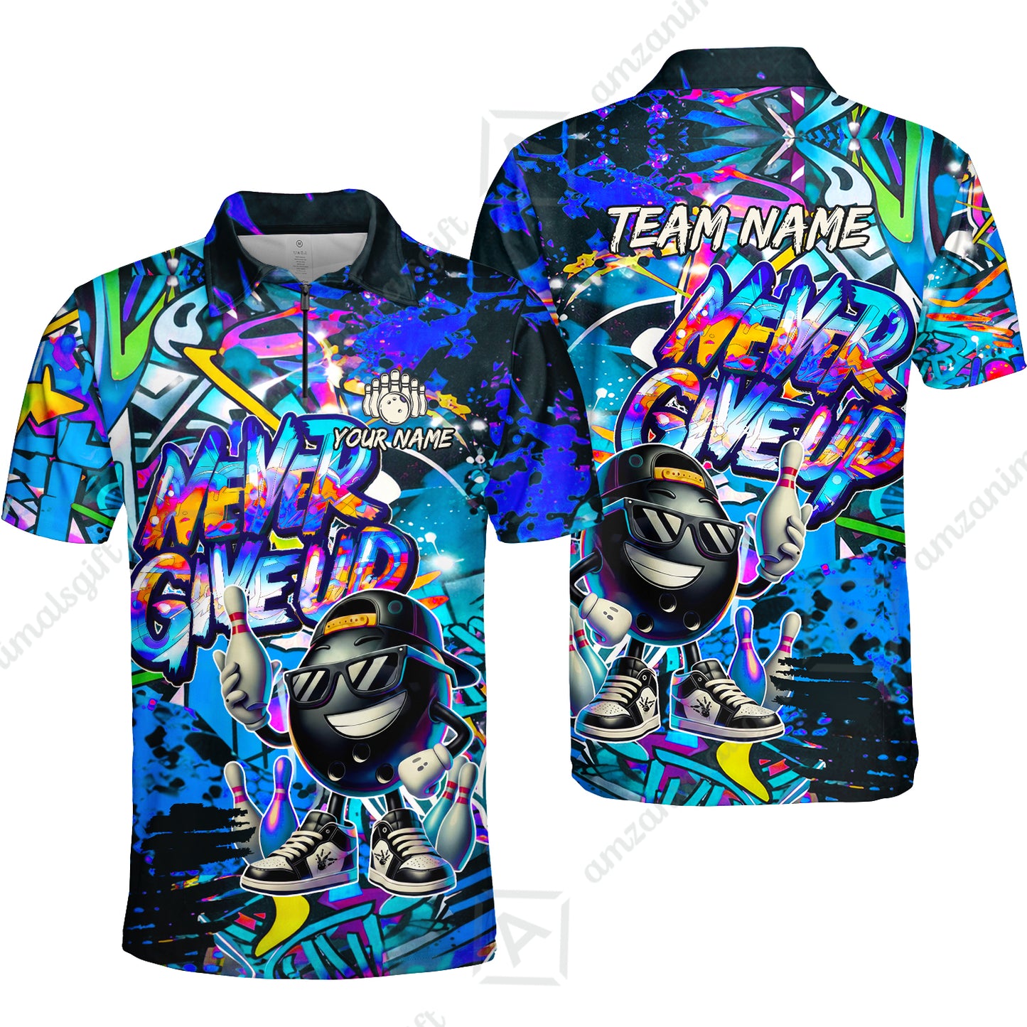 Customized Bowling Unisex Polo Shirt, Graffiti Bowling Funny Never Give Up Bowling Uniform, Personalized Name And Team Name