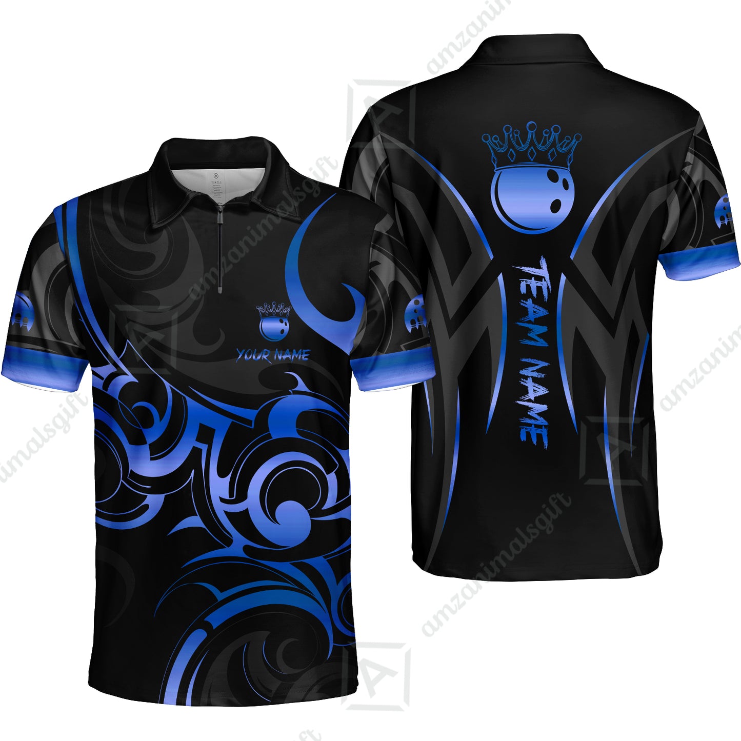 Customized Bowling Team Quarter-Zip Polo Shirt, Bowling Swirling Fire Flames Gold And Black Style Zip Polo Shirt
