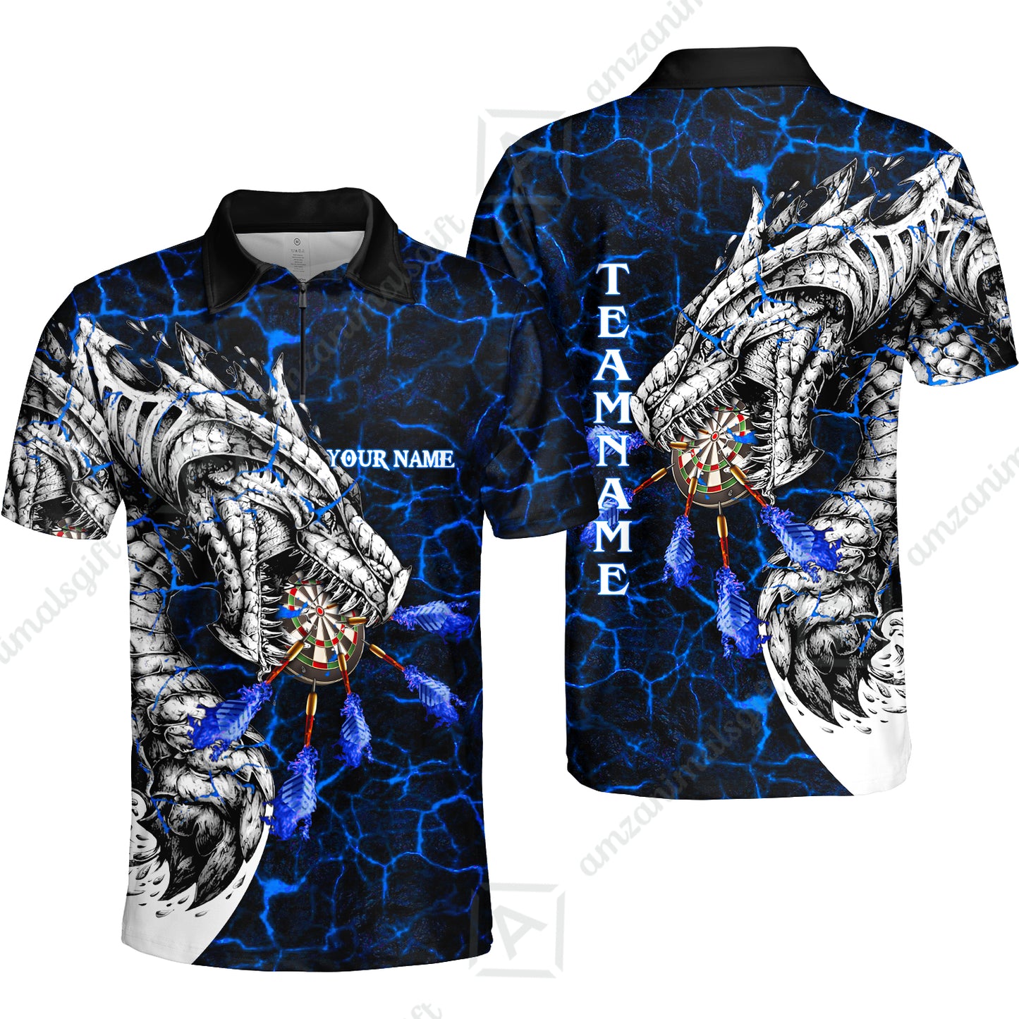 Customized Darts Team Quarter-Zip Polo Shirt, Darts And Dragon With Magma Personalized Zipper Polo Shirt For Darts Players