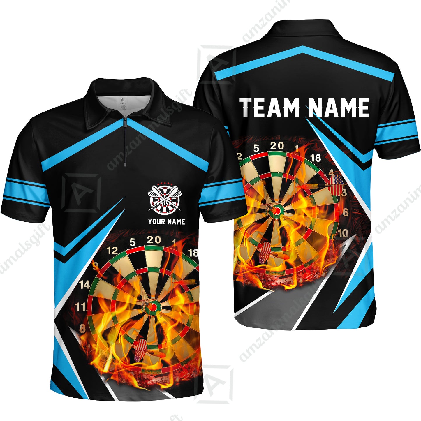 Customized Darts Team Quarter-Zip Polo Shirt, Dartboard In Flame Polo Shirt Personalized Name And Team Name For Darts League
