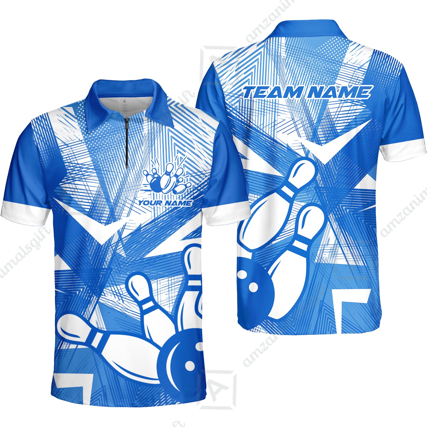 Customized Bowling Quarter-Zip Polo Shirt, Bowling Ball And Pins Esports Pattern Zip Polo Shirt Uniform For Bowlers