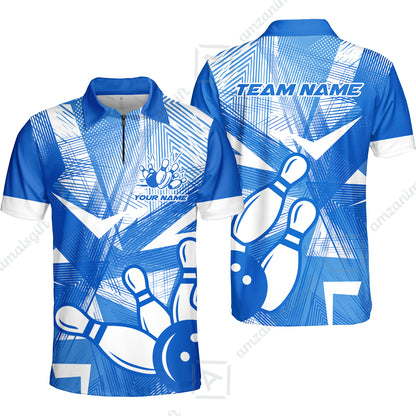 Customized Bowling Quarter-Zip Polo Shirt, Bowling Ball And Pins Esports Pattern Zip Polo Shirt Uniform For Bowlers