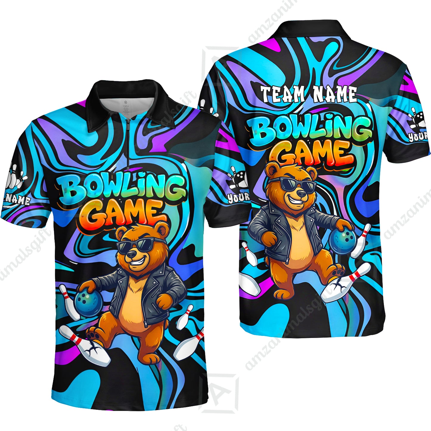 Custom Bowling Jersey Polo Shirt, Trippy Swirl Rocker Bear Graffiti Style, Custom Bowling Jersey Team Shirt For Players With Name & Team Name