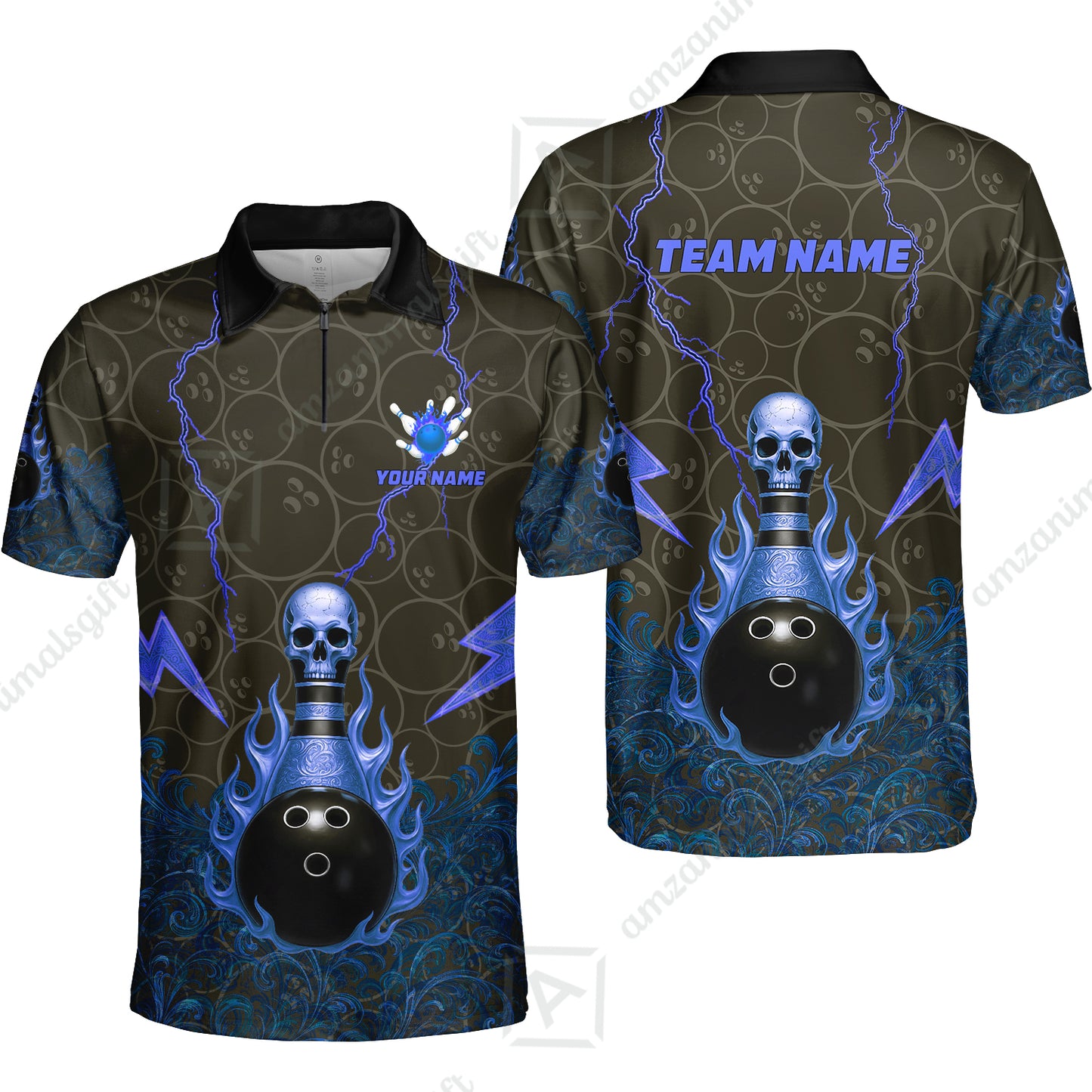 Custom Bowling Team Unisex Polo Shirt, Thunder Skull Strike Personalized Team Shirt, Custom Name and Team Name for Bowlers