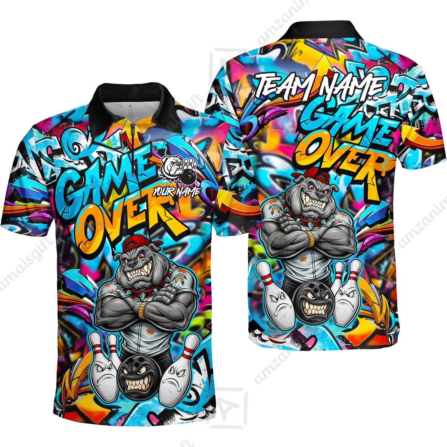 Customized Bowling Unisex Polo Shirt, Cool BullDog With Angry Bowling Game Over - Personalized Name And Team Name