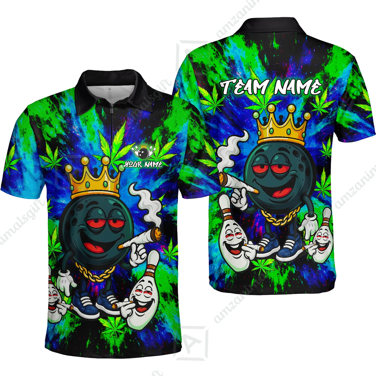 Custom Bowling Team Flat Neck Zip Jersey Shirt, King Smoke Tie-Dye Personalized Team Shirt, Custom Name and Team Name for Bowlers