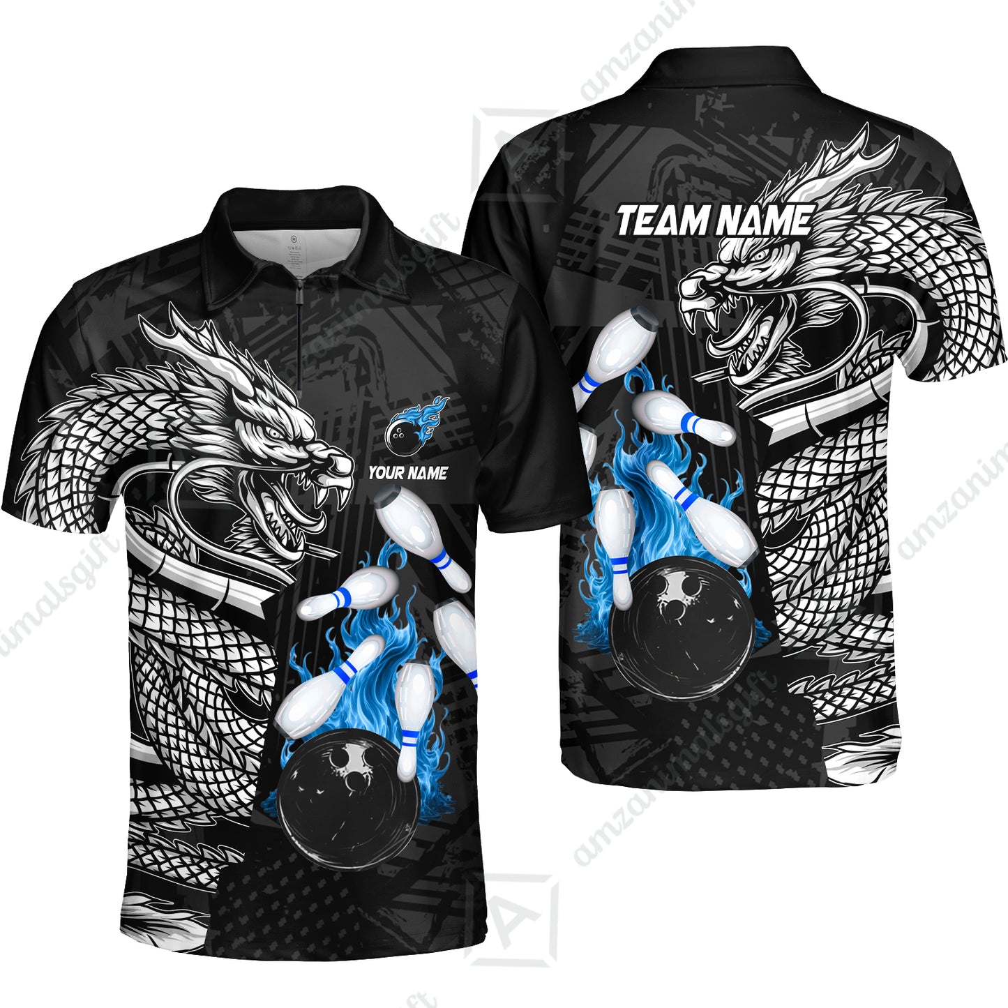 Custom Bowling Team Jerseys Polo Shirts, Bowling uniforms Bowling & Pins Dragon Flame Fire Multicolor Options Personalized Name And Team Name