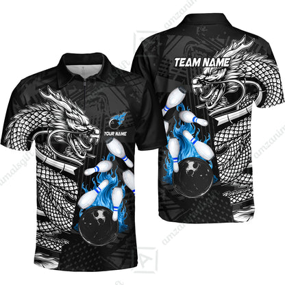 Custom Bowling Team Jerseys Polo Shirts, Bowling uniforms Bowling & Pins Dragon Flame Fire Multicolor Options Personalized Name And Team Name
