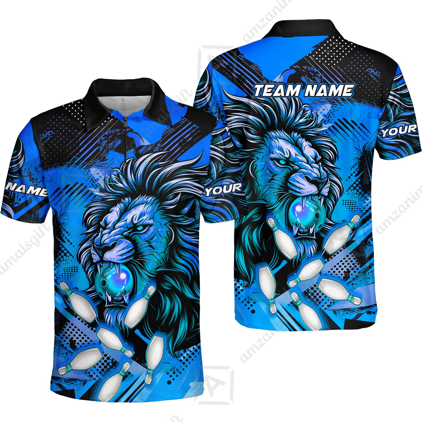 Custom Bowling Team Jerseys Shirts, Bowling uniforms Ball & Pins Lion Pattern Personalized Name And Team Name