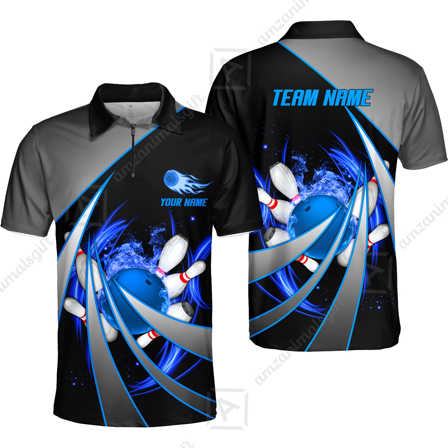 Customized Bowling Unisex Polo, Flame Bowling And Pins Tornado Pattern Multicolor Option Customized Name Zipper Polo Jerseys Shirts