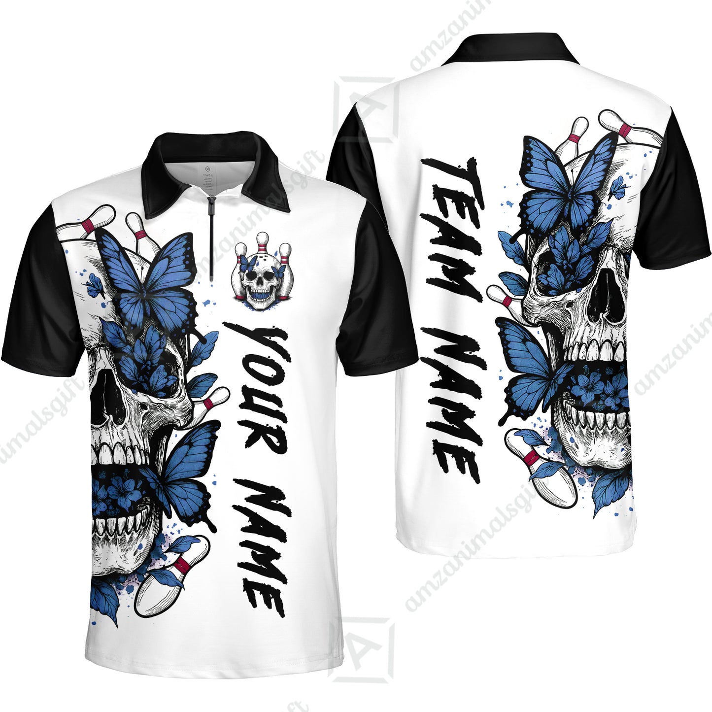 Custom Bowling Jersey Polo Shirt, Skull With Butterfly, Custom Bowling Jersey Team Shirt For Players With Name and Team Name