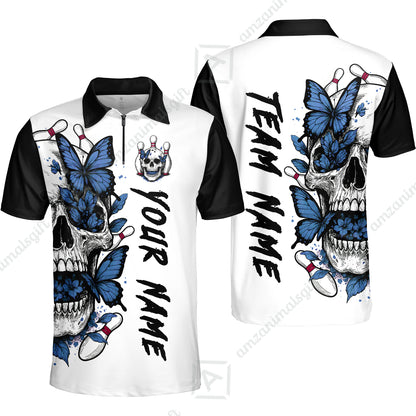 Custom Bowling Jersey Polo Shirt, Skull With Butterfly, Custom Bowling Jersey Team Shirt For Players With Name and Team Name