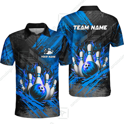 Custom Bowling Team Quarter-Zip Polo Shirt, Personalized Flame Bowling Jersey with Name & Team Name for Men & Women