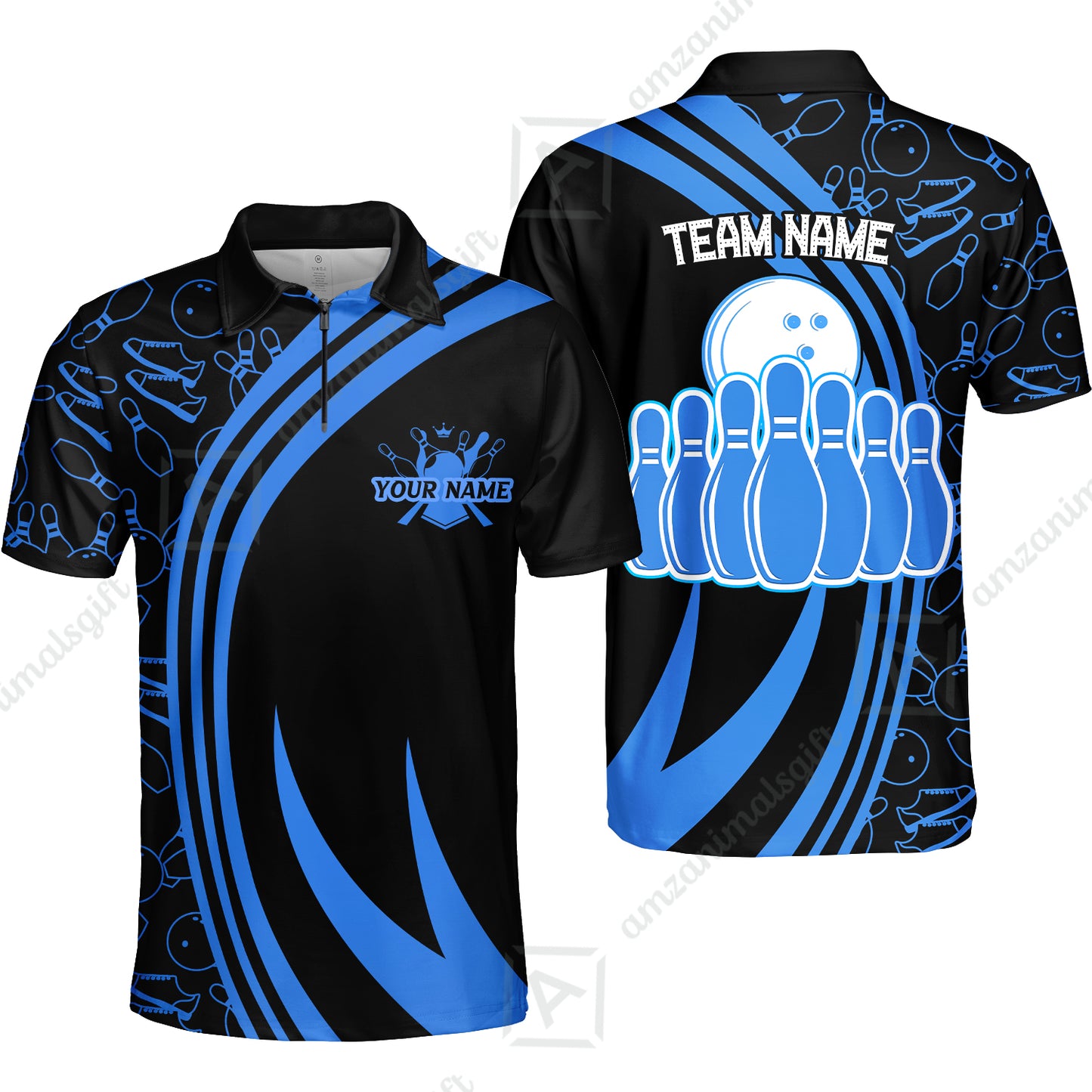 Custom Blue Green Neon Bowling Team Quarter-Zip Polo Shirt, Bowling Uniforms Shirt For Team League Bowlers With Name And Team Name