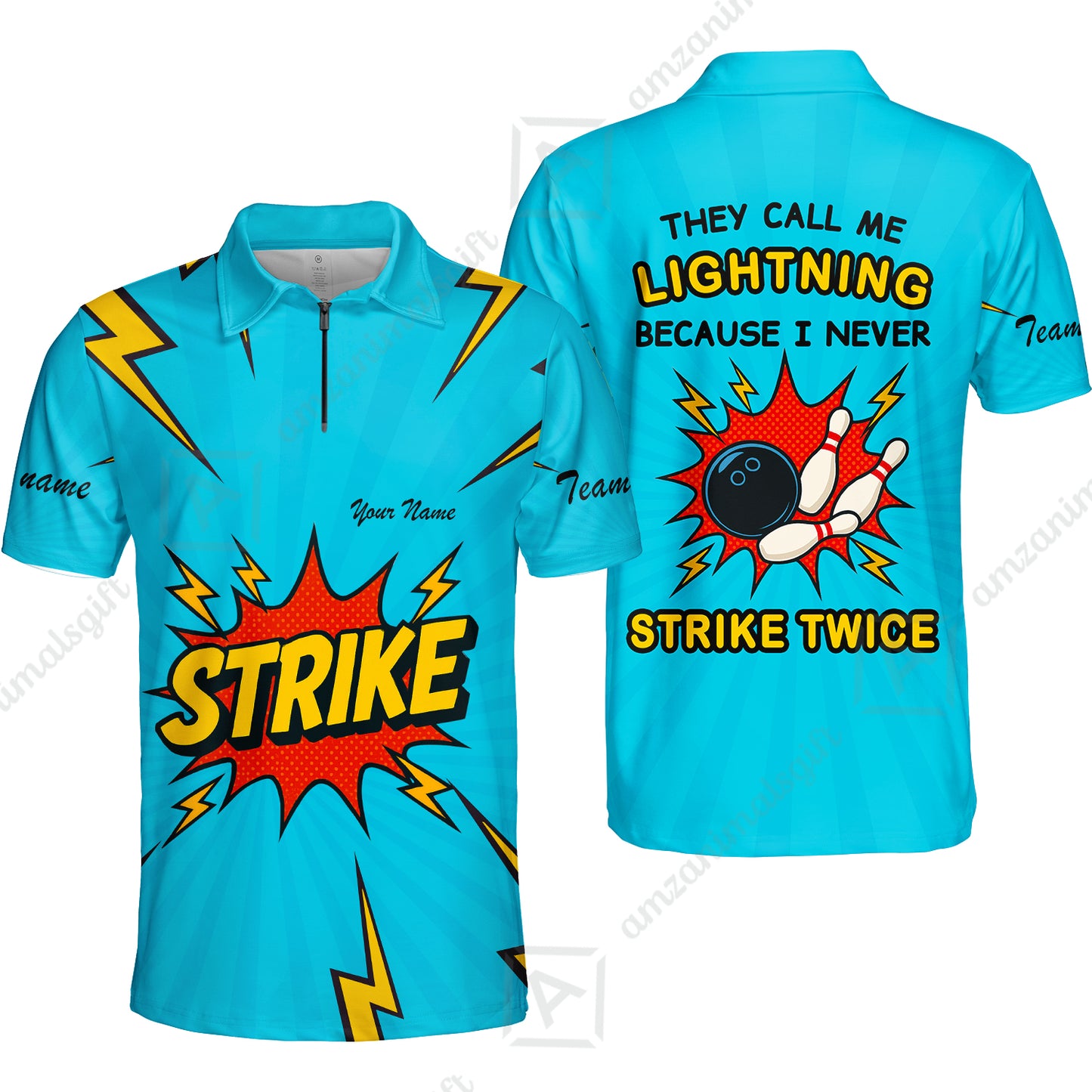 Customized Bowling Quarter-Zip Polo Shirt, They Call Me Lightning Because I Never Strike Twice Comic Style Zip Polo Shirt