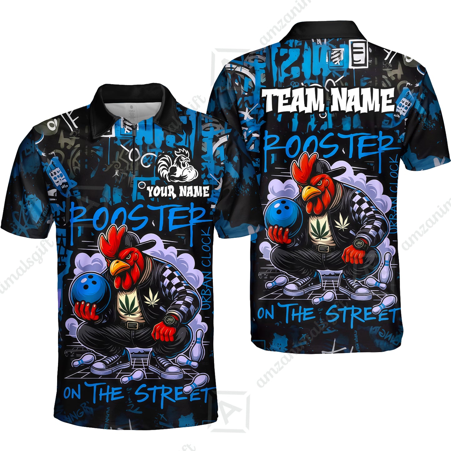 Customized Bowling Unisex Polo Shirt, Urban Streetwear Chicken Bowling Rooster On The Street, Personalized Name Team Name
