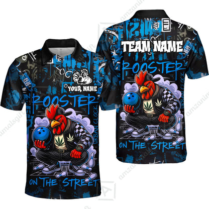 Customized Bowling Unisex Polo Shirt, Urban Streetwear Chicken Bowling Rooster On The Street, Personalized Name Team Name