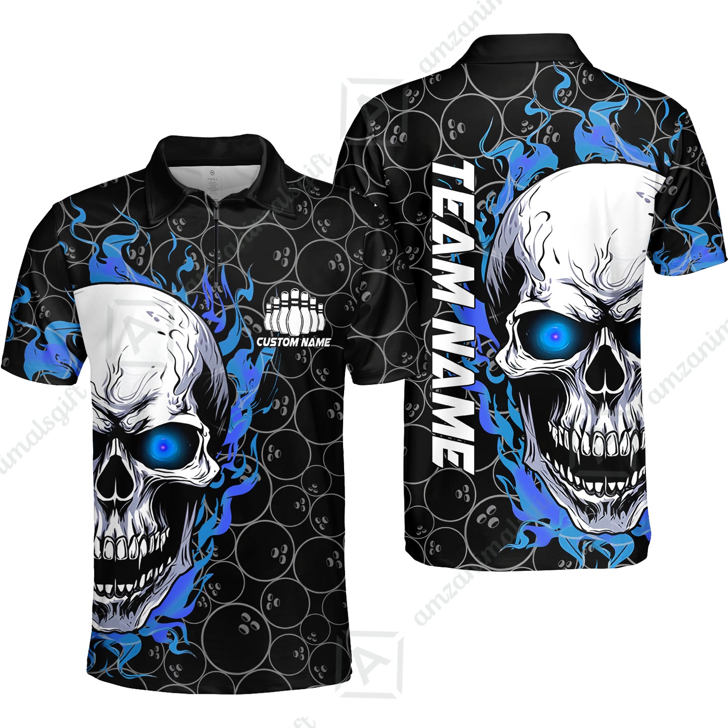 Personalized Bowling Unisex Polo Shirt, Green Flaming Skull Shirt For For Team Men Women Bowlers
