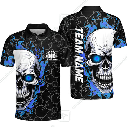 Personalized Bowling Unisex Polo Shirt, Green Flaming Skull Shirt For For Team Men Women Bowlers