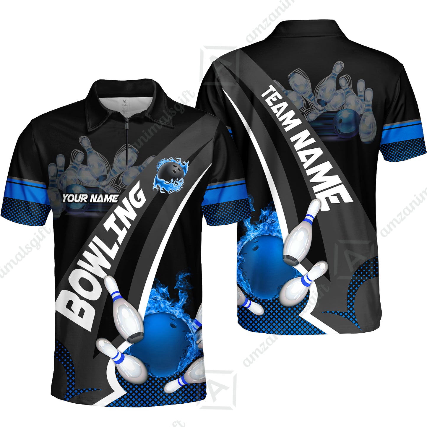 Customized Bowling Polo, Bowling And Pins Plame Premium Multicolor Option Personalized Name And Team Zipper Polo Jerseys Shirts