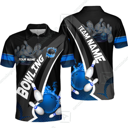 Customized Bowling Polo, Bowling And Pins Plame Premium Multicolor Option Personalized Name And Team Zipper Polo Jerseys Shirts
