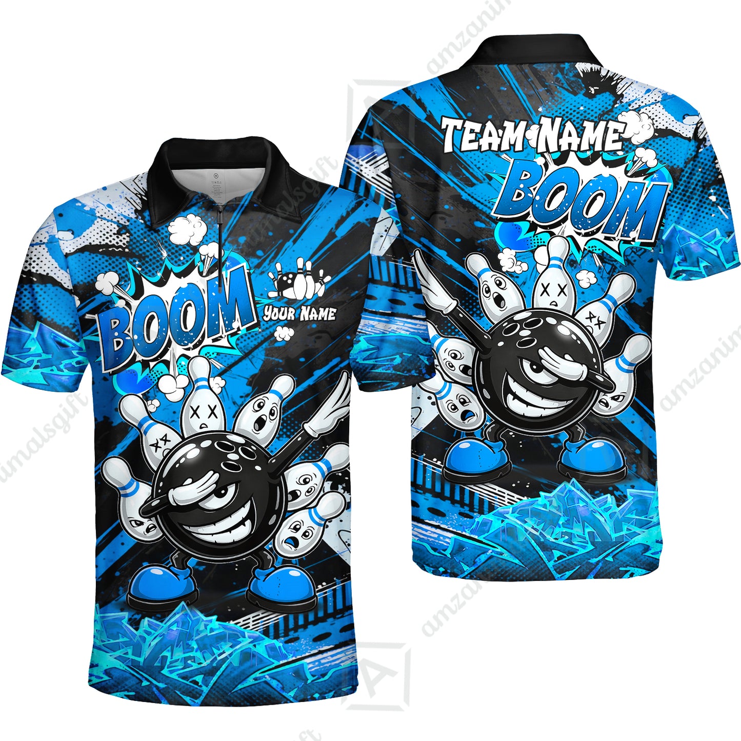 Customized Bowling Unisex Polo Shirt, Boom Bowling Angry Ball Screaming Pins, Personalized Name And Team Name For Bowlers
