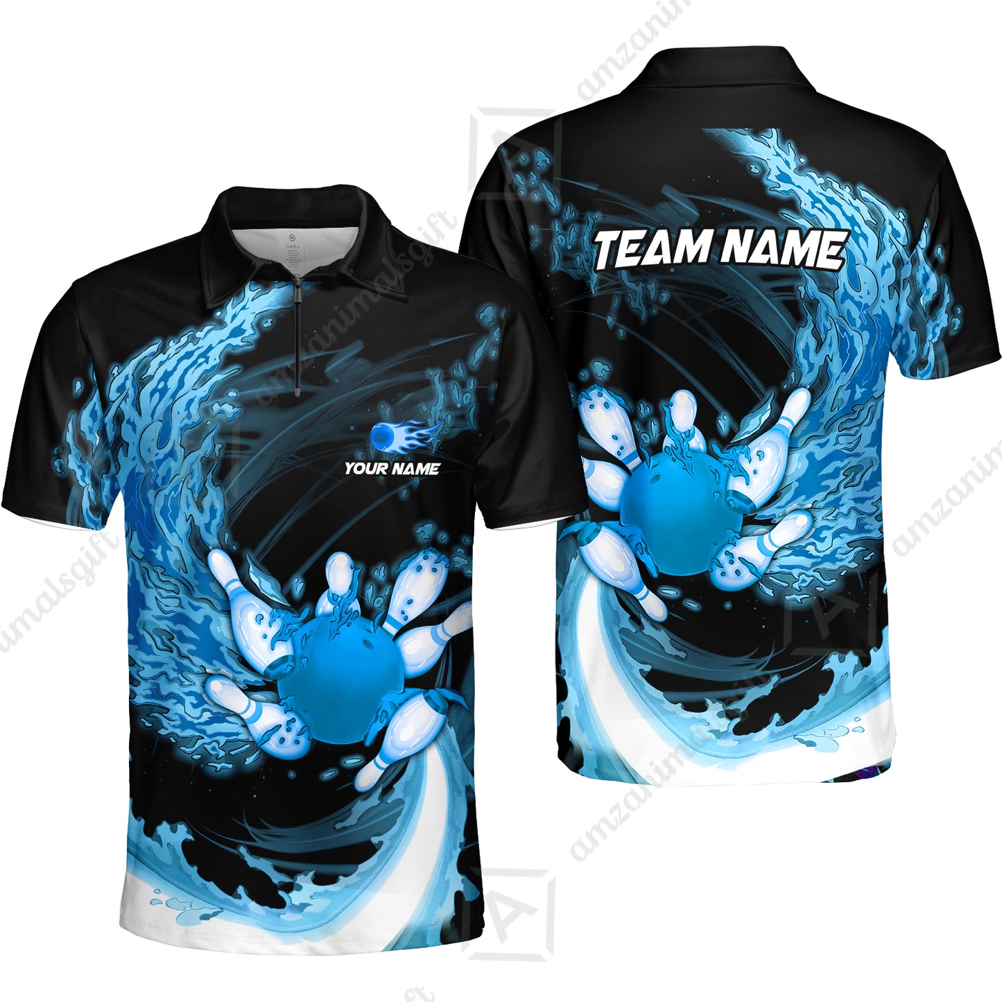 Personalized Bowling Team Quarter-Zip Polo Shirt Breath Of Flaming Bowling Ball & Pins Custom Name And Team Name For Bowlers