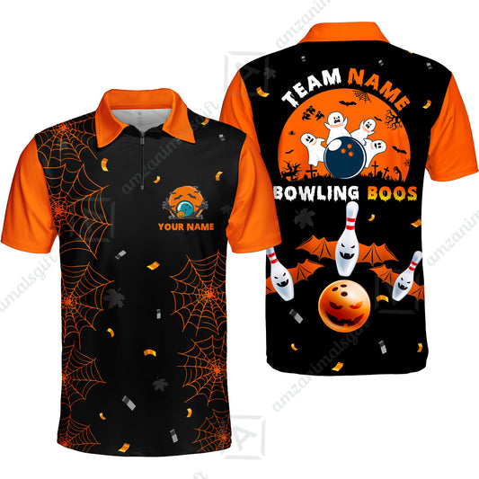 Customized Bowling Ball Halloween Moon Bowling Quarter-Zip Polo Shirts, Bowling uniforms Bowling And Boos Funny Halloween Ghost Polo Jersey