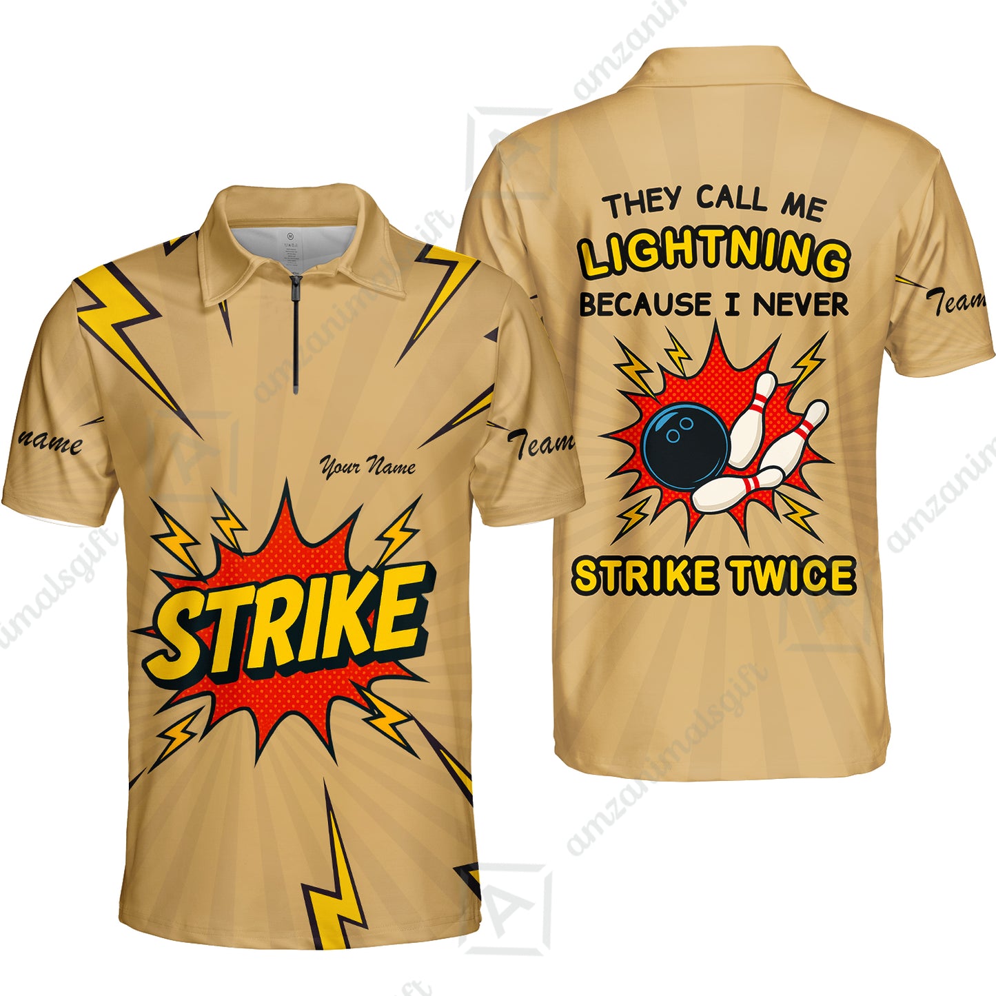 Customized Bowling Quarter-Zip Polo Shirt, They Call Me Lightning Because I Never Strike Twice Comic Style Zip Polo Shirt