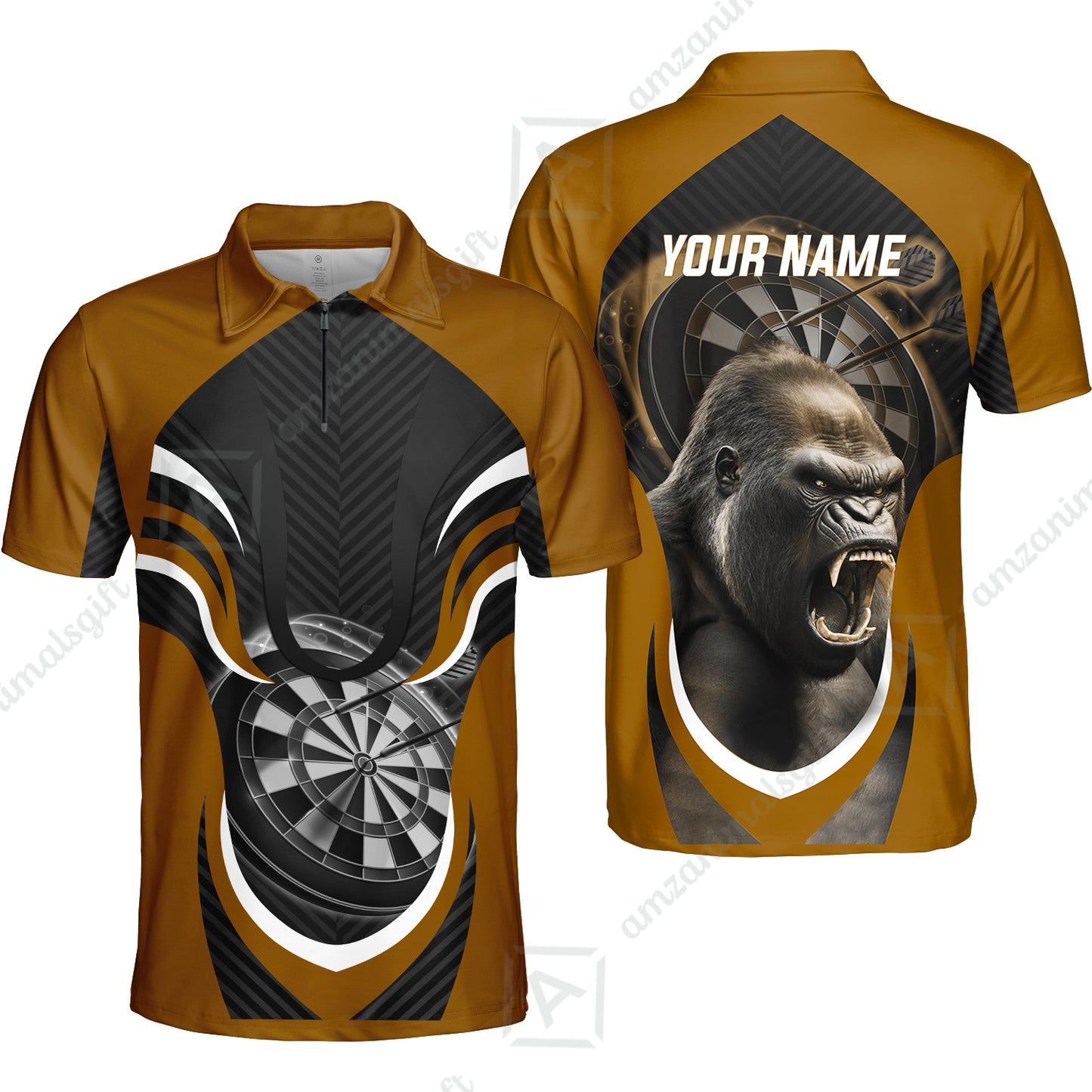 Gorilla And Darts Custom Name Men Polo Shirt, Bullseye Dartboard Brown Personalized Men Polo Shirt Gift For Darts Lovers, Team, Friends