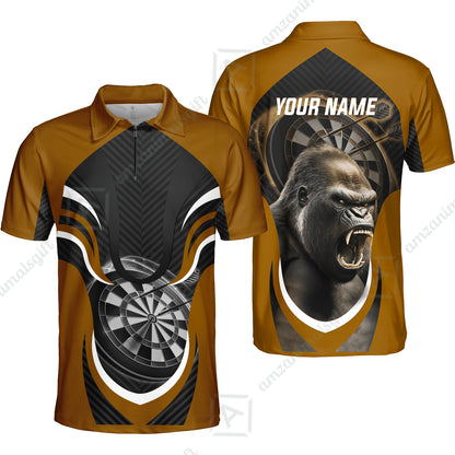 Gorilla And Darts Custom Name Men Polo Shirt, Bullseye Dartboard Brown Personalized Men Polo Shirt Gift For Darts Lovers, Team, Friends