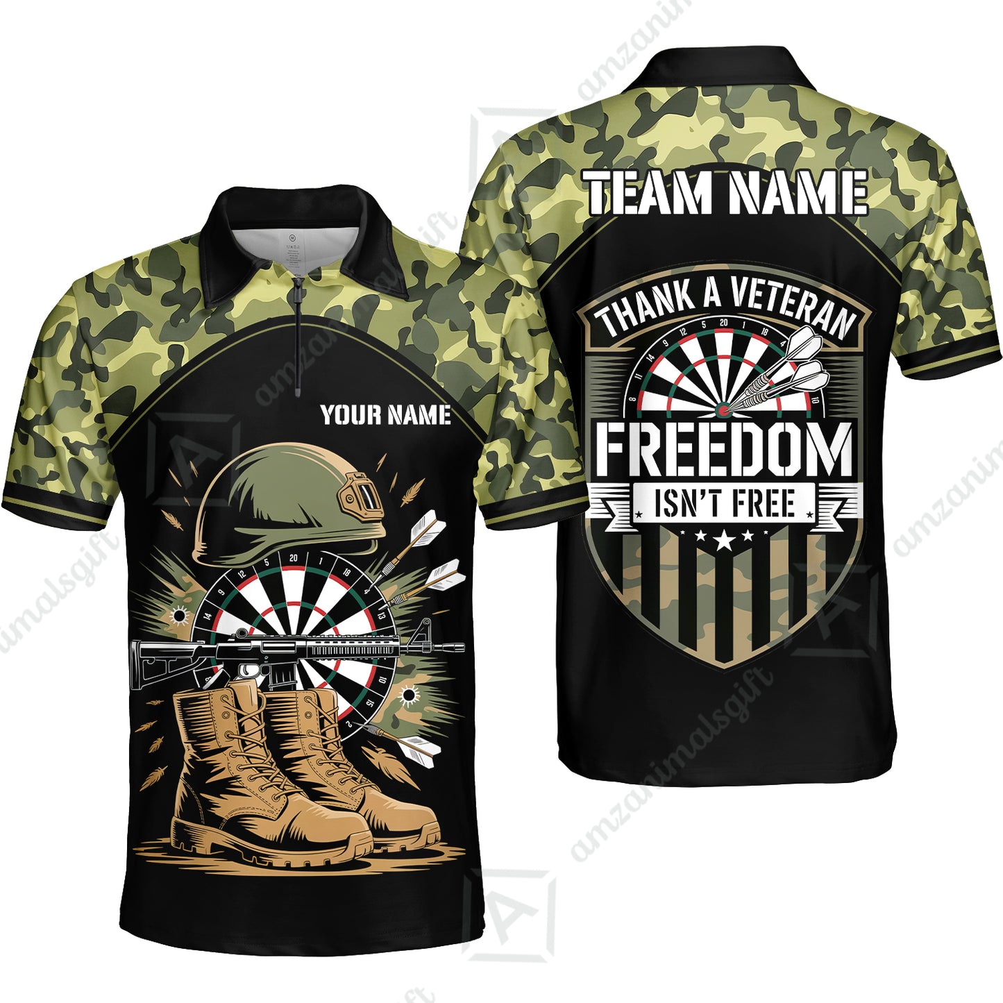 Custom Military Green Camouflage Dartboard Collar Quater-Zip Jersey Team Shirts, Customized Name Team Name Darts Team Jerseys Uniform