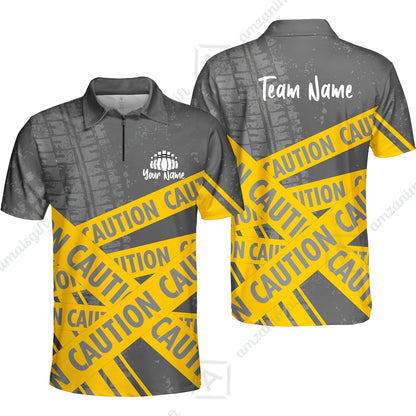 Custom Caution tape Bowling Team Jerseys Polo Shirts, Bright Yellow CAUTION Tape Bowling uniforms - Bowling Personalized Name And Team Name