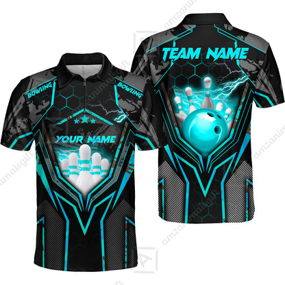 Customized Bowling Jersey, Bowling And Pins Abstract Grunge Texture X Multicolor Option Customized Name And Team Name Zipper Polo Jerseys Shirts