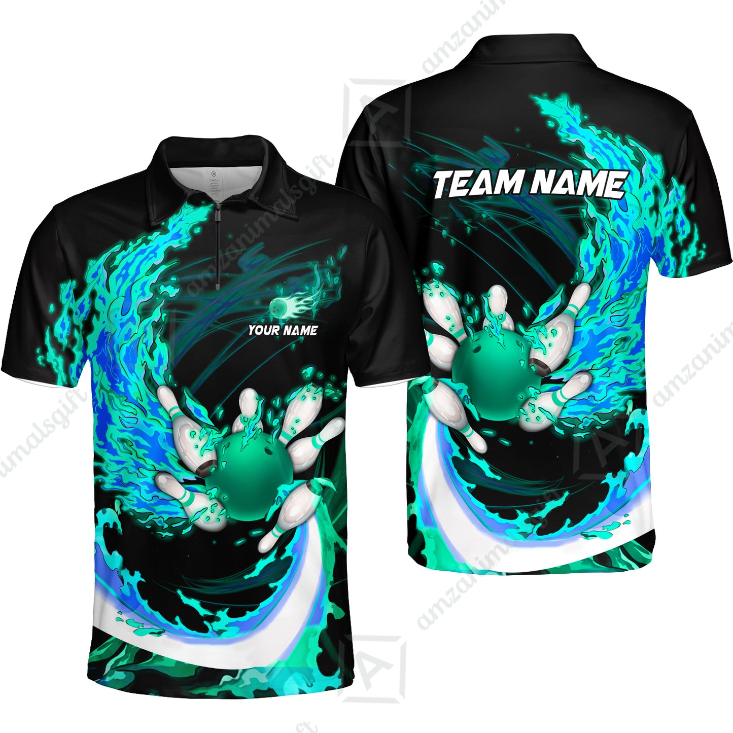 Customized Bowling Polo Team Jerseys, Breath Of Fire Bowling And Pins Multicolor Option Customized Name And Team Name For Bowling Team