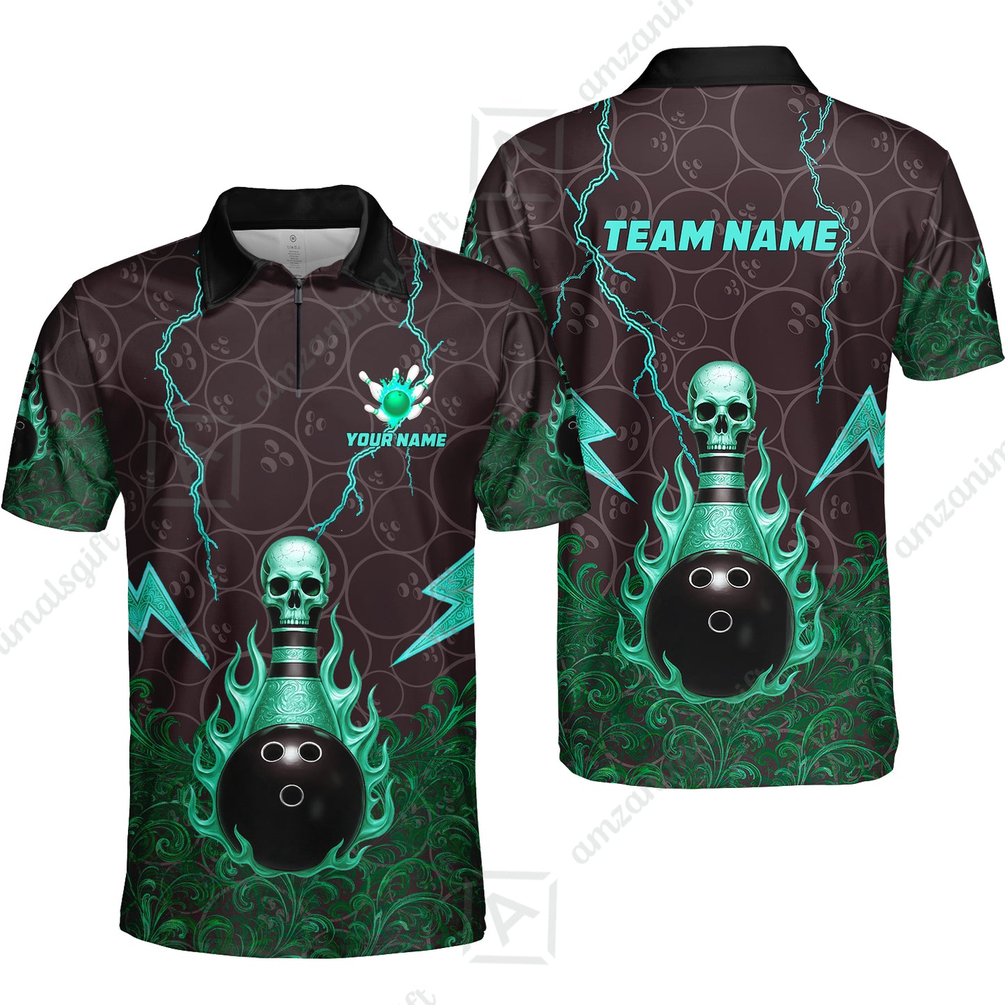 Custom Bowling Team Unisex Polo Shirt, Thunder Skull Strike Personalized Team Shirt, Custom Name and Team Name for Bowlers