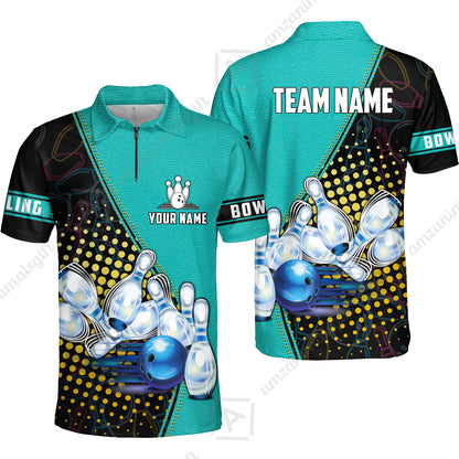 Customized Bowling Quarter-Zip Polo Shirt, Leather Pattern Bowling Strike Out Zip Polo Shirt Multicolor Option For Bowlers